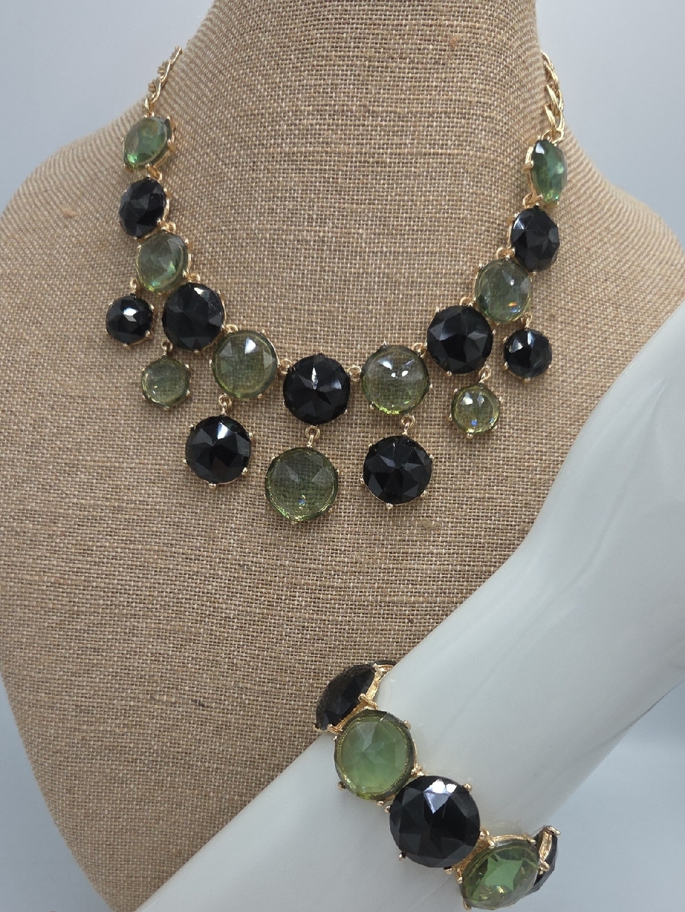 Chico's Black & Green Gem Statement Necklace and Bracelet Set